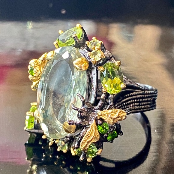 Intricate Genuine Green Amethyst Ring with Gems - Picture 14 of 17